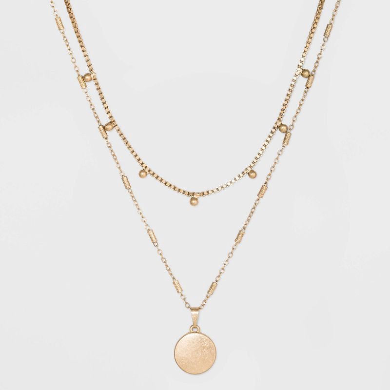 slide 1 of 3, Ball & Medallion in Worn Gold Layer Necklace - Universal Thread™ Gold: Multi-Strand, Lobster Claw Clasp, 1 ct