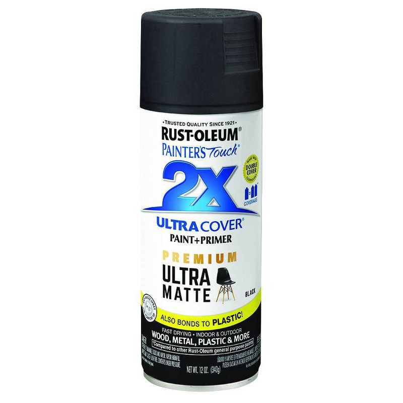 slide 4 of 6, Rust-Oleum Ultra Cover 2X Matte Spray Black: Enamel Spray Paint for Wood & Metal, Interior/Exterior Use, 12 oz, 12 oz