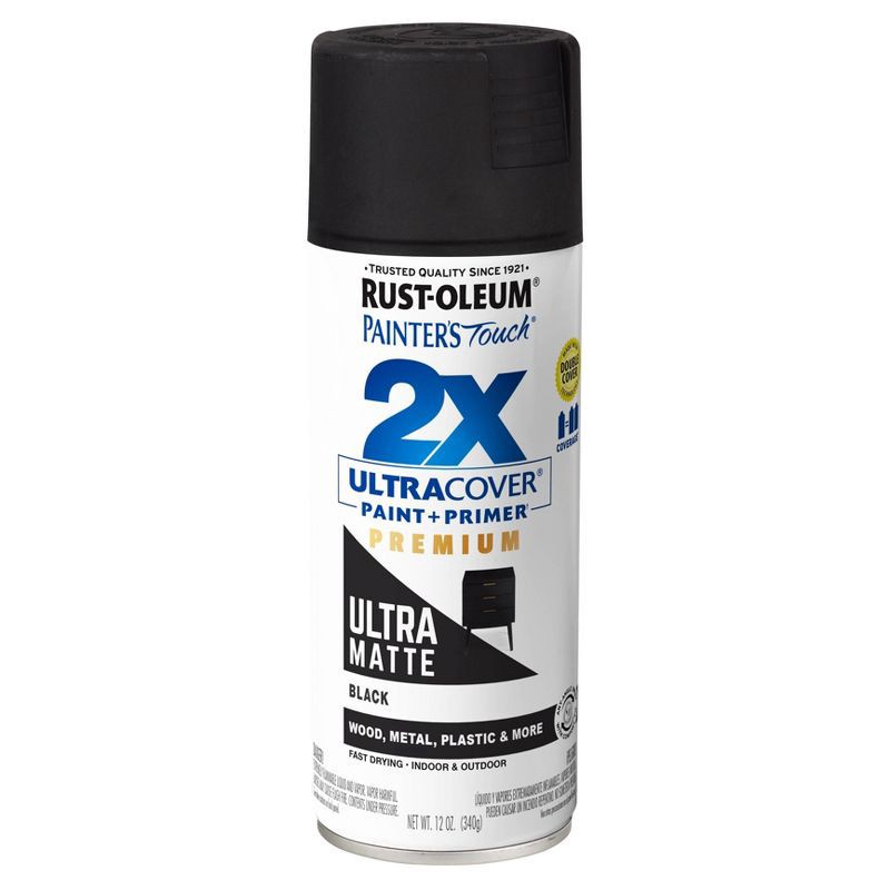 slide 6 of 6, Rust-Oleum Ultra Cover 2X Matte Spray Black: Enamel Spray Paint for Wood & Metal, Interior/Exterior Use, 12 oz, 12 oz