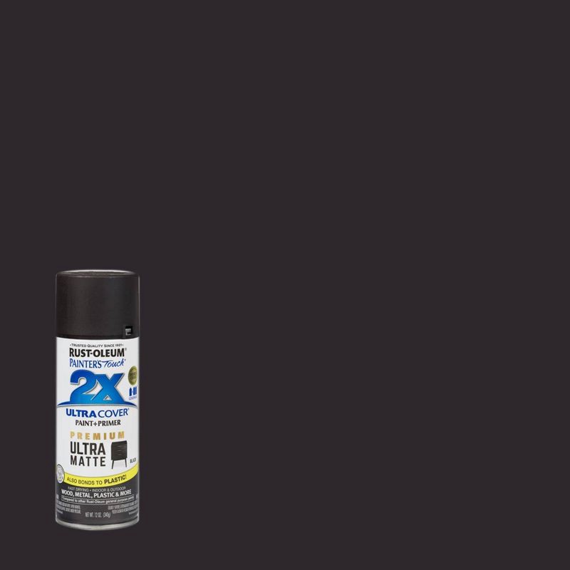 slide 1 of 6, Rust-Oleum Ultra Cover 2X Matte Spray Black: Enamel Spray Paint for Wood & Metal, Interior/Exterior Use, 12 oz, 12 oz