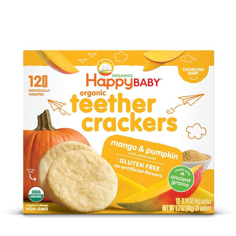 slide 2 of 4, Happy Family HappyBaby Mango & Pumpkin Organic Teether Crackers - 12ct/1.68oz, 12 ct, 1.68 oz