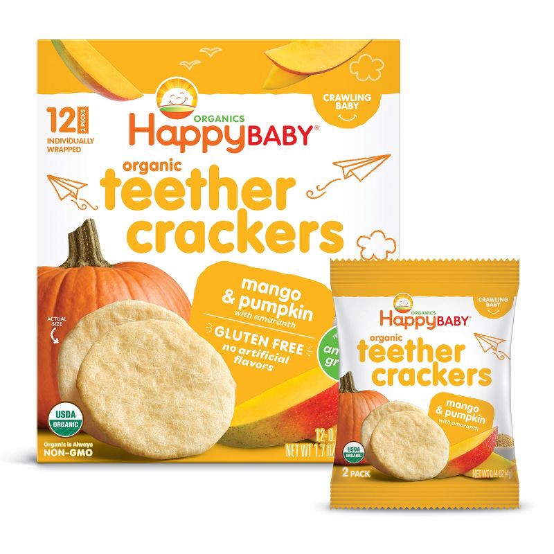 slide 1 of 7, Happy Family HappyBaby Mango & Pumpkin Organic Teether Crackers - 12ct/1.68oz, 12 ct, 1.68 oz