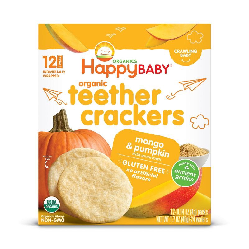 slide 1 of 4, Happy Family HappyBaby Mango & Pumpkin Organic Teether Crackers - 12ct/1.68oz, 12 ct, 1.68 oz
