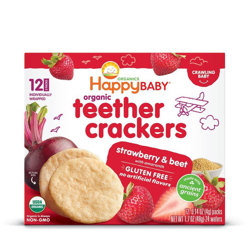 slide 2 of 10, Happy Family HappyBaby Strawberry & Beet Organic Teether Crackers - 12ct/0.14oz Each, 12 ct, 0.14 oz