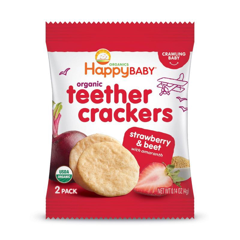 slide 3 of 10, Happy Family HappyBaby Strawberry & Beet Organic Teether Crackers - 12ct/0.14oz Each, 12 ct, 0.14 oz