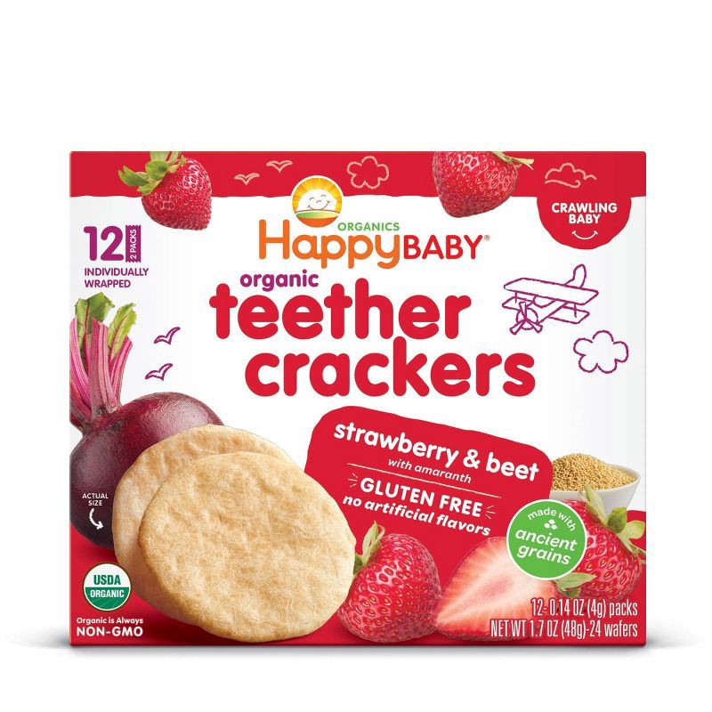slide 7 of 10, Happy Family HappyBaby Strawberry & Beet Organic Teether Crackers - 12ct/0.14oz Each, 12 ct, 0.14 oz