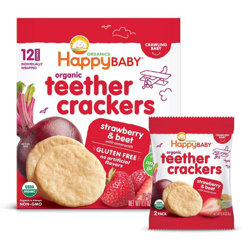 slide 8 of 10, Happy Family HappyBaby Strawberry & Beet Organic Teether Crackers - 12ct/0.14oz Each, 12 ct, 0.14 oz