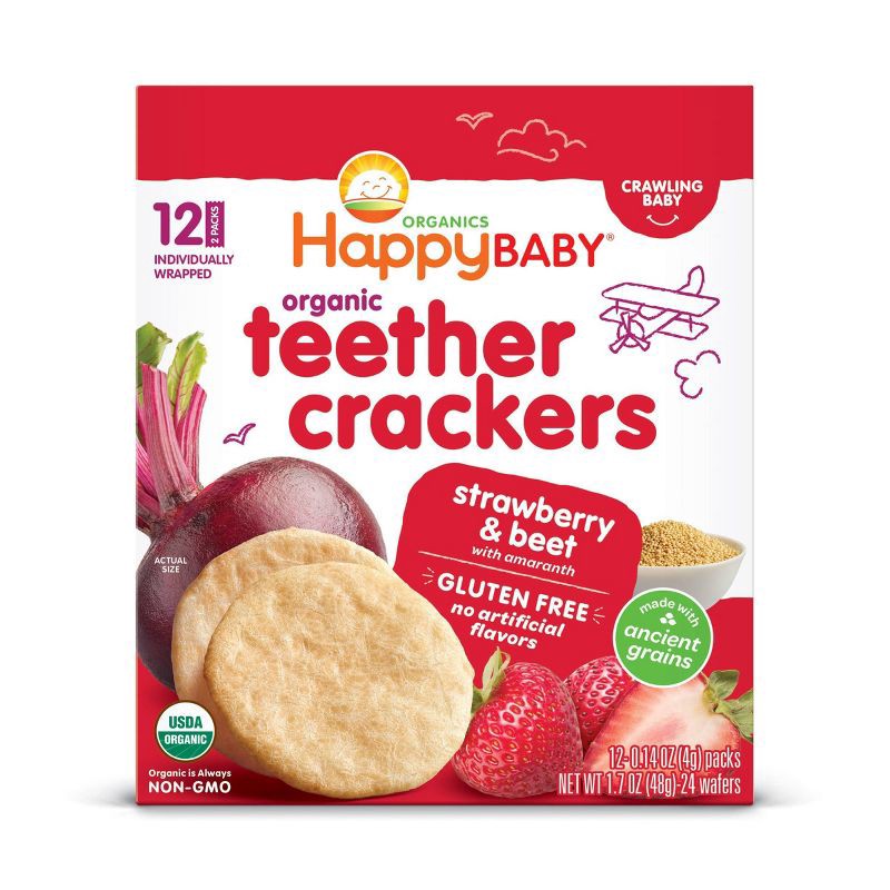 slide 1 of 10, Happy Family HappyBaby Strawberry & Beet Organic Teether Crackers - 12ct/0.14oz Each, 12 ct, 0.14 oz