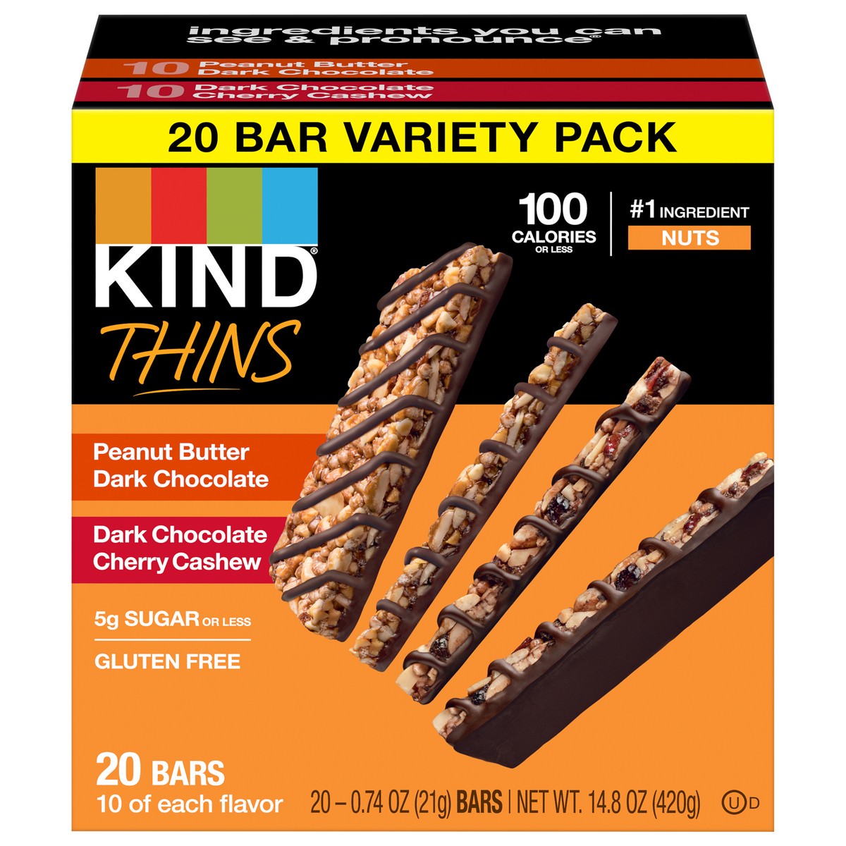 slide 1 of 13, KIND Thins Bars Variety Pack, Peanut Butter Dark Chocolate & Dark Chocolate Cherry Cashew, 0.74 oz, 20 Count, 20 ct