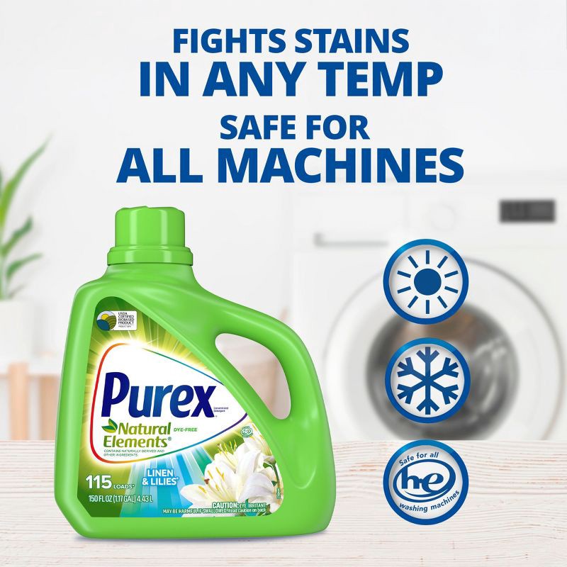 slide 6 of 10, Purex Linen & Lilies Natural Elements HE Concentrated Liquid Laundry Detergent 115 Loads - 150 fl oz, 150 fl oz