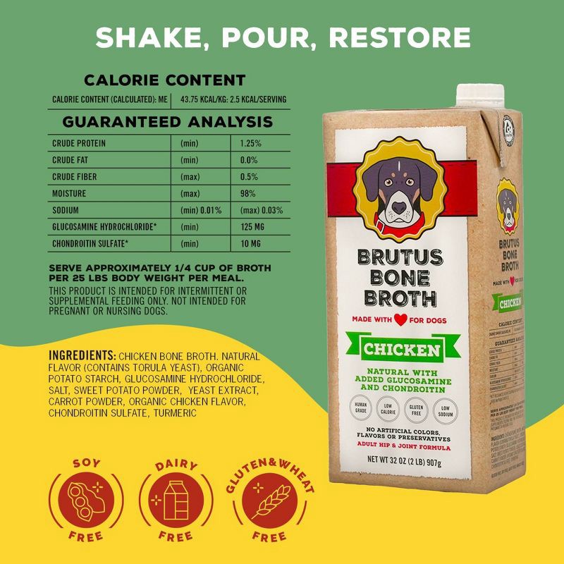 slide 6 of 8, Brutus Bone Broth Hip & Joint Formula Wet Dog Food - Supplement - Chicken - 32oz, 32 oz