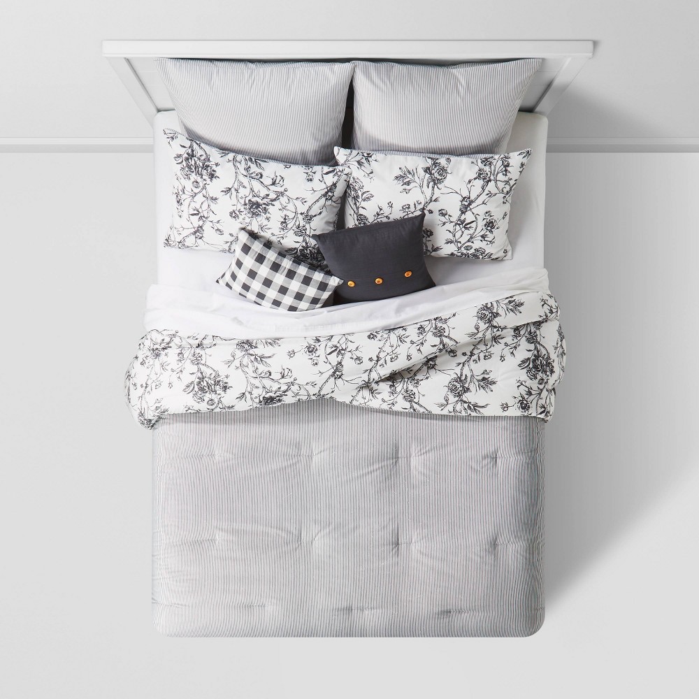 slide 3 of 5, King 8pc Brookton Reversible Farmhouse Floral Comforter Set Charcoal - Threshold, 1 ct
