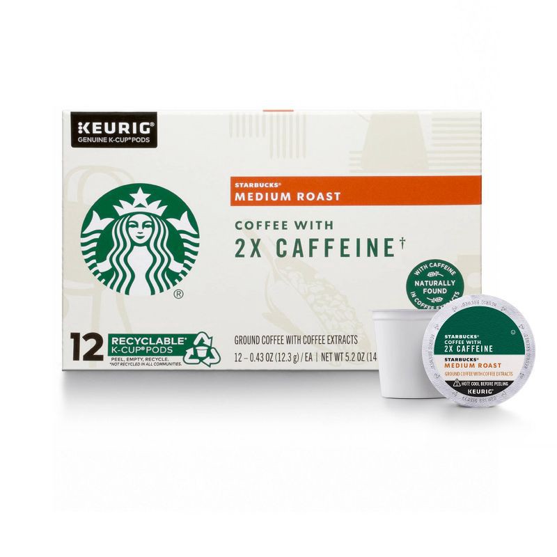 slide 1 of 1, Starbucks Medium Roast K-Cup Coffee Pods with 2X Caffeine — for Keurig Brewers — 1 box (12 pods), 1 ct