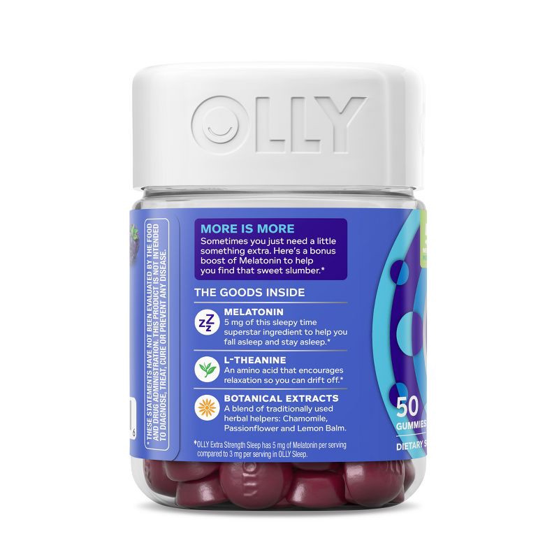 slide 9 of 9, OLLY Extra Strength Sleep Gummies with 5mg Melatonin - Blackberry Zen - 50ct, 5mg, 50 ct