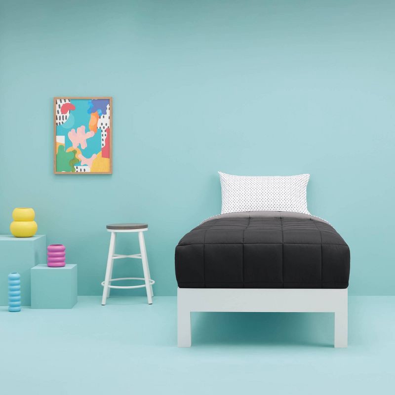 slide 4 of 5, Full/Queen Reversible Microfiber Solid Comforter Black/Dark Gray - Room Essentials, 1 ct