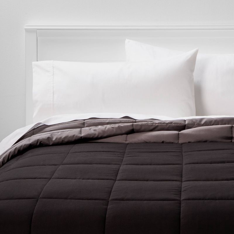 slide 1 of 5, Twin/Twin Extra Long Reversible Microfiber Solid Comforter Black/Dark Gray - Room Essentials, 1 ct