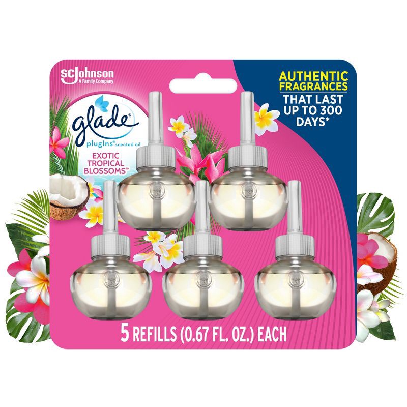 slide 1 of 13, Glade PlugIns Scented Oil Air Freshener Refills - Exotic Tropical Blossoms - 3.35oz/5pk, 5 ct; 3.35 oz