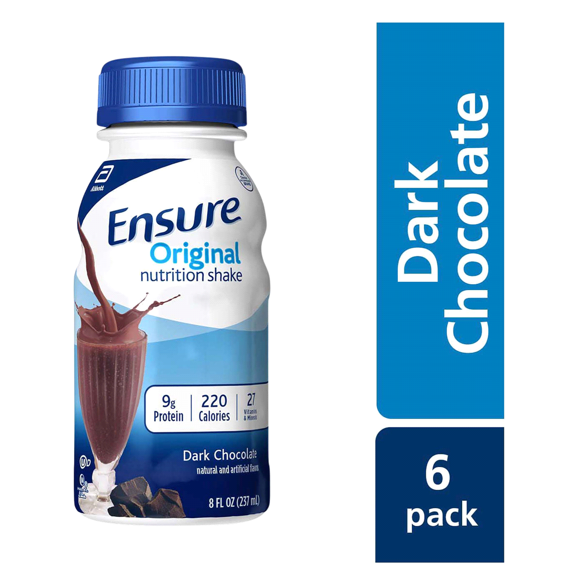 slide 1 of 7, Ensure Original Nutrition Shake with 9 grams of protein, Meal Replacement Shakes, Dark Chocolate, 8 fl oz, 6 Count, 6 ct; 8 fl oz