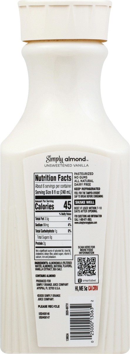 slide 10 of 10, Simply Almond Unsweetened Vanilla Bottle, 46 fl oz, 46 fl oz