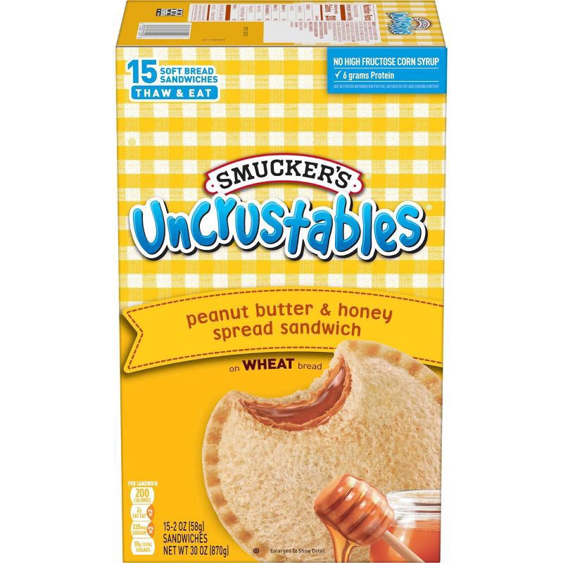 slide 4 of 5, Smucker's Uncrustables Frozen Peanut Butter & Honey Spread Sandwich - 30oz/15ct, 30 oz, 15 ct