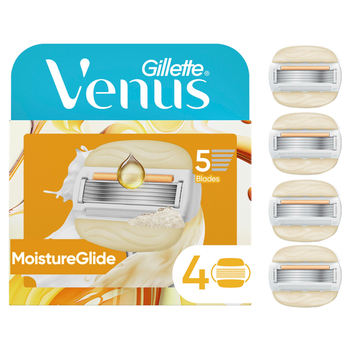 slide 1 of 29, Gillette Venus MoistureGlide Women's Razor Blades, With Built-in Shave Gel Bars, 4 Razor Blade Refills, 4 ct