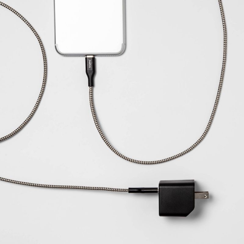 slide 2 of 3, 2-Port USB-A USB-C Wall Charger with 6' USB-C to USB-C Braided Cord - heyday™ Matte Black: Apple iPhone iPad Compatible, 1 ct