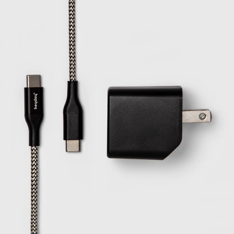 slide 1 of 3, 2-Port USB-A USB-C Wall Charger with 6' USB-C to USB-C Braided Cord - heyday™ Matte Black: Apple iPhone iPad Compatible, 1 ct