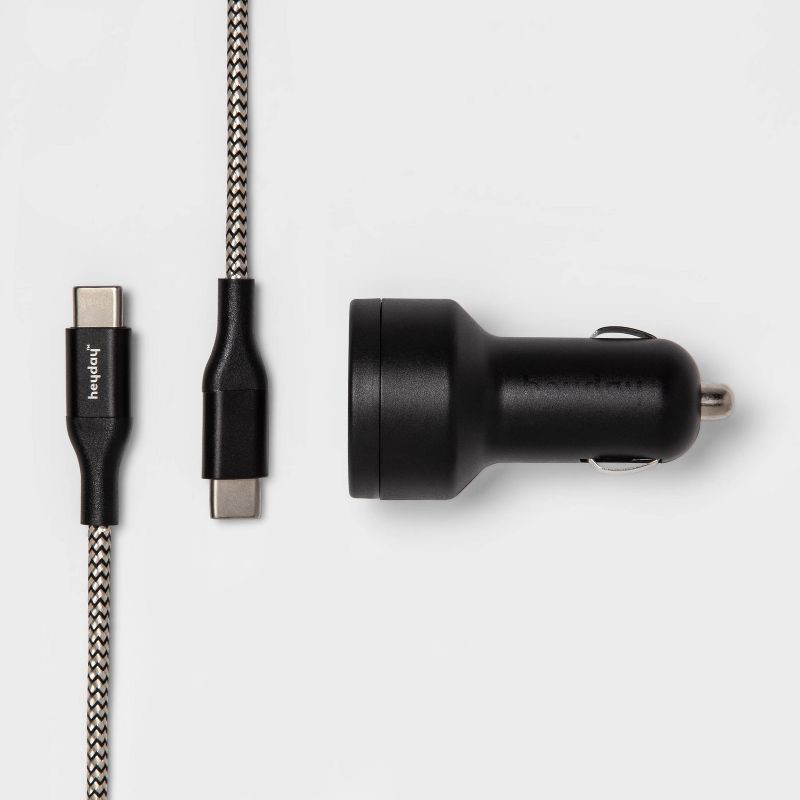 slide 1 of 3, USB Car Charger with 6' USB-C to USB-C Braided Cable - heyday™ Matte Black: 15.5W Output, 1 ct