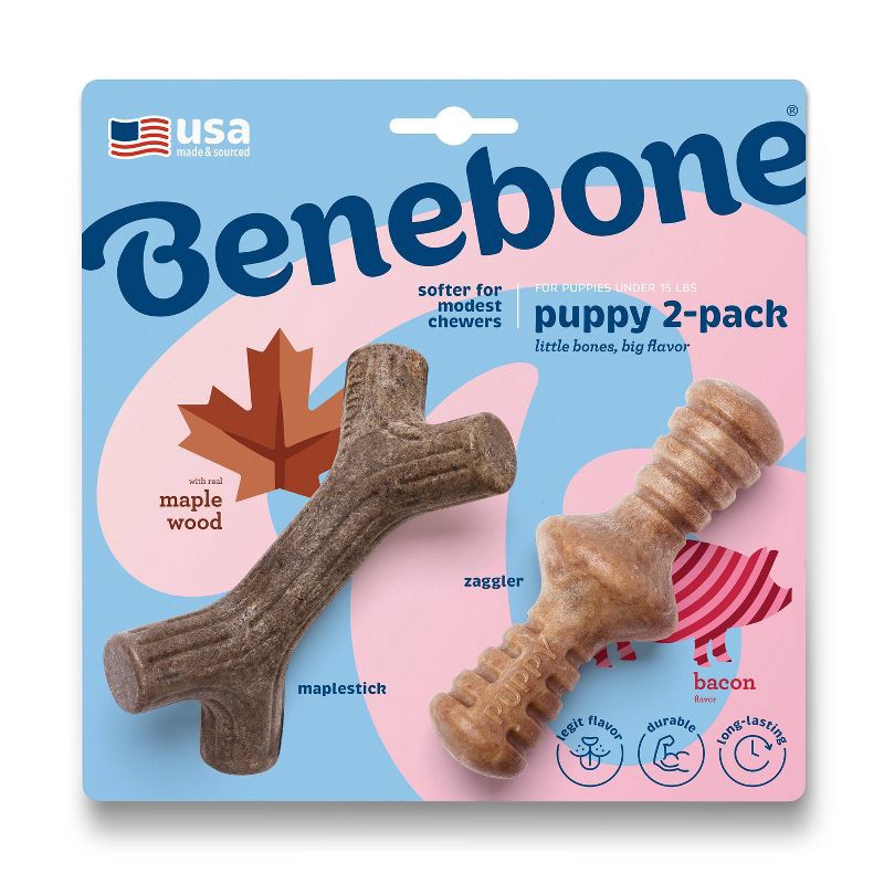 slide 1 of 7, Benebone Puppy Pack Dog Chew Toys - Maple Wood/Bacon - XS - 2pk, 2 ct