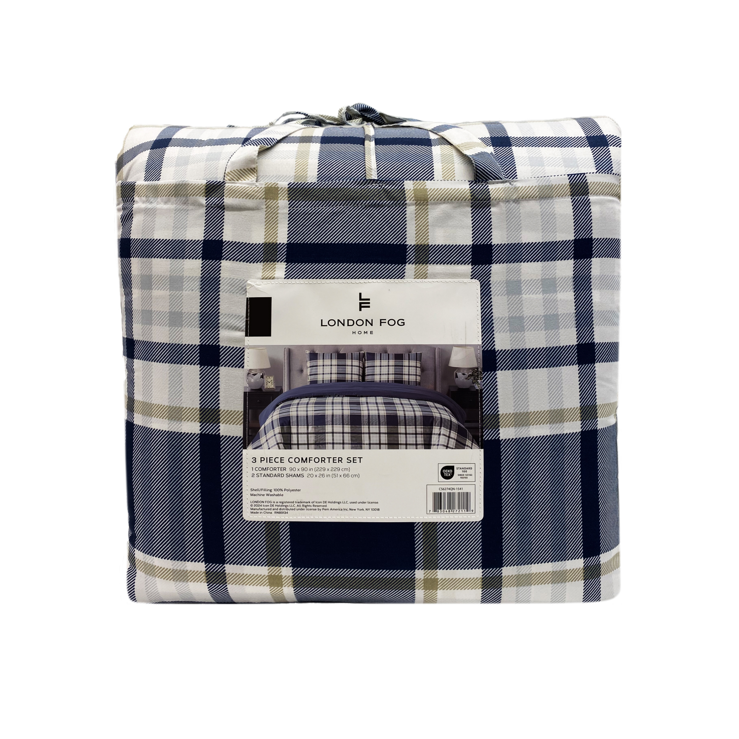 slide 3 of 5, London Fog 3pc Comforter Set F/Q Navy Plaid, 3 ct