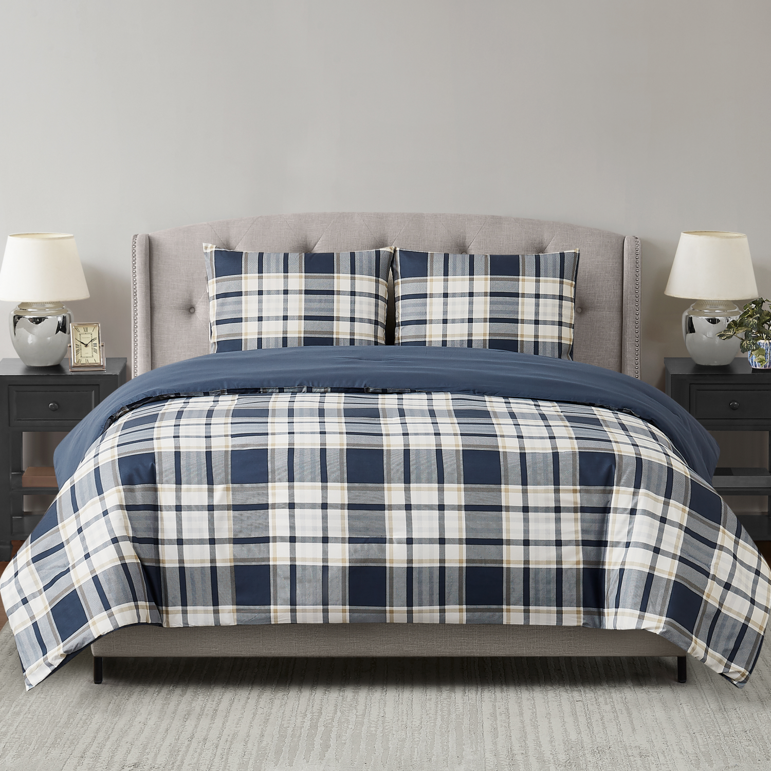 slide 4 of 5, London Fog 3pc Comforter Set F/Q Navy Plaid, 3 ct