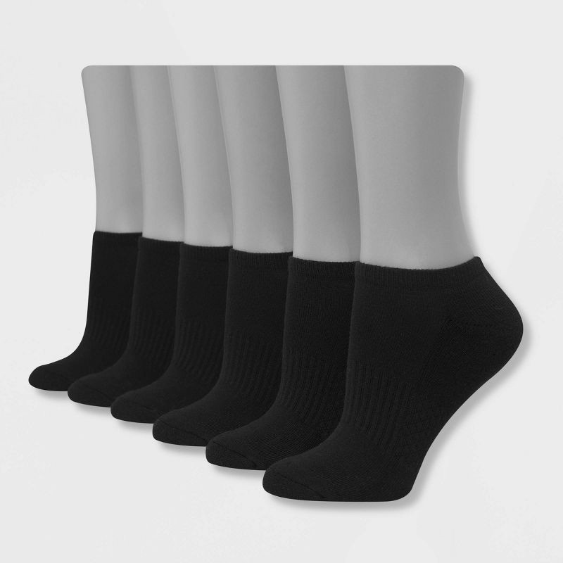 slide 1 of 3, Hanes Performance Women's Extended Size Cushioned 6pk No Show Athletic Socks - Black 8-12, 6 ct