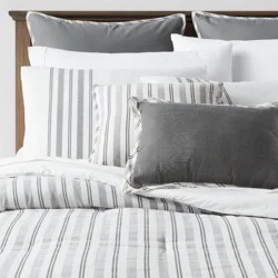 8pc Queen Reversible Classic Stripe Comforter Set Gray/White - Threshold™: Percale, Includes Euro Shams & Bed Skirt