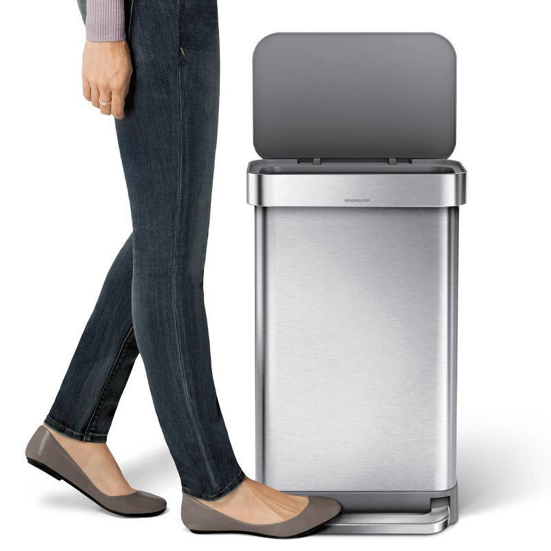 slide 2 of 8, simplehuman 45L Kitchen Step Trash Can with Liner Pocket Stainless Steel with Fingerprint Proof Finish, Gray Plastic Soft Close Lid, 45 liter