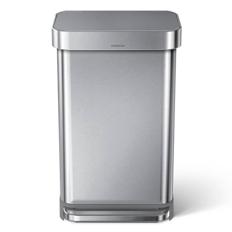 slide 7 of 8, simplehuman 45L Kitchen Step Trash Can with Liner Pocket Stainless Steel with Fingerprint Proof Finish, Gray Plastic Soft Close Lid, 45 liter