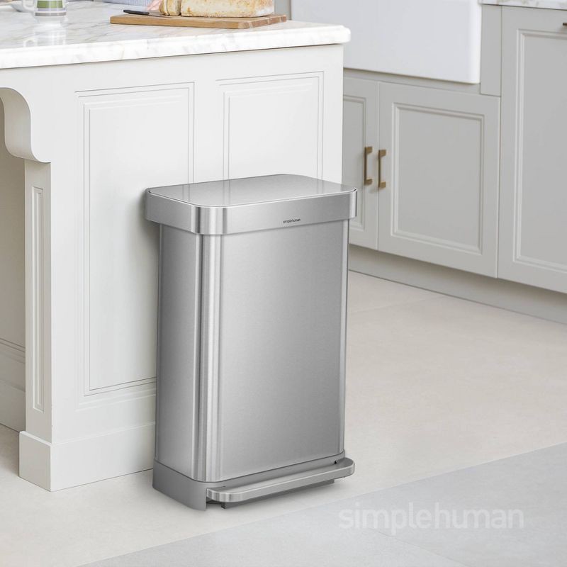 slide 8 of 8, simplehuman 45L Kitchen Step Trash Can with Liner Pocket Stainless Steel with Fingerprint Proof Finish, Gray Plastic Soft Close Lid, 45 liter