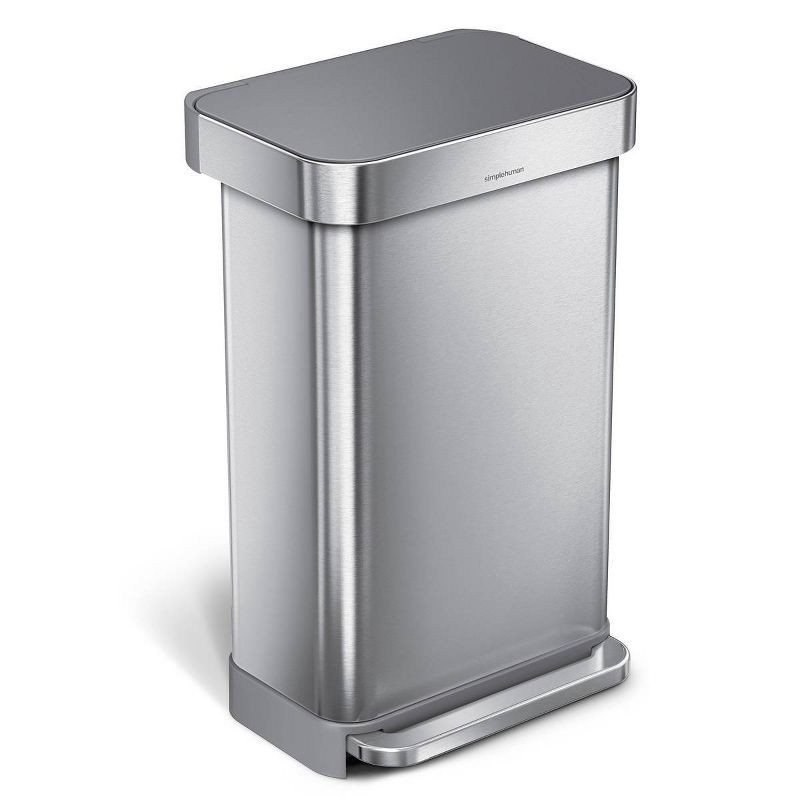 slide 1 of 8, simplehuman 45L Kitchen Step Trash Can with Liner Pocket Stainless Steel with Fingerprint Proof Finish, Gray Plastic Soft Close Lid, 45 liter