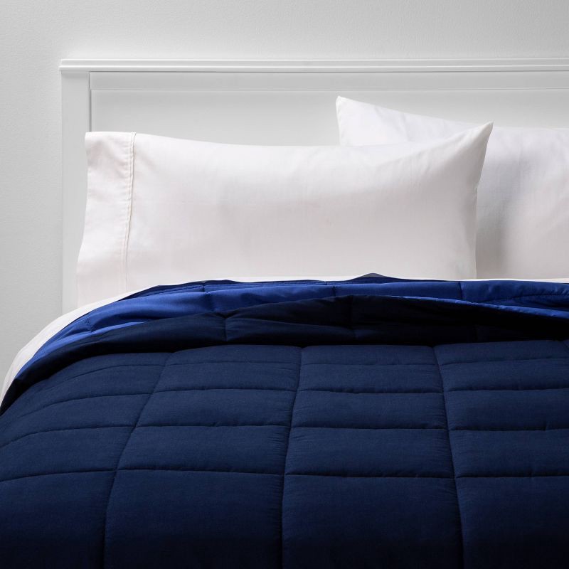 slide 1 of 5, Full/Queen Reversible Microfiber Solid Comforter Navy/Blue - Room Essentials, 1 ct