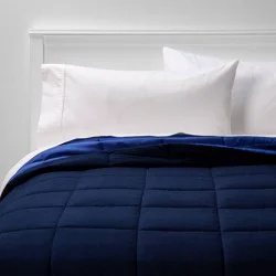 Full/Queen Reversible Microfiber Solid Comforter Navy/Blue - Room Essentials