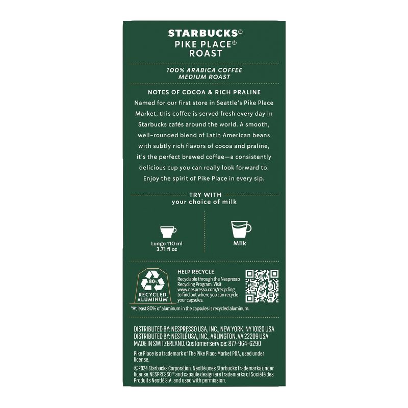 slide 2 of 9, Starbucks by Nespresso Original Line Pods Medium Roast Coffee Pike Place Roast - 10ct, 10 ct