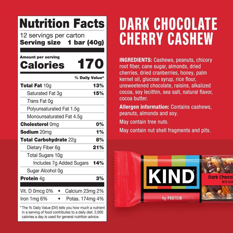 slide 3 of 6, KIND Bars Dark Cherry Cashew Gluten Free Snacks - 16.8oz/12ct, 16.8 oz, 12 ct