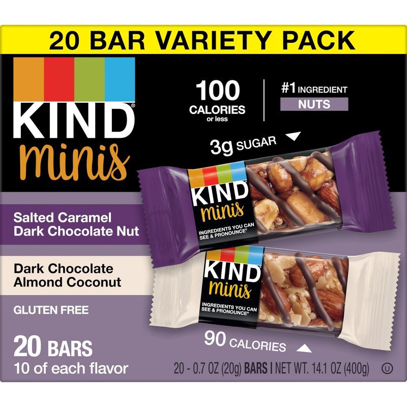 slide 2 of 6, KIND Minis Salted Caramel Dark Chocolate + Dark Chocolate Almond Coconut - 14.1oz/ 20ct, 14.1 oz, 20 ct