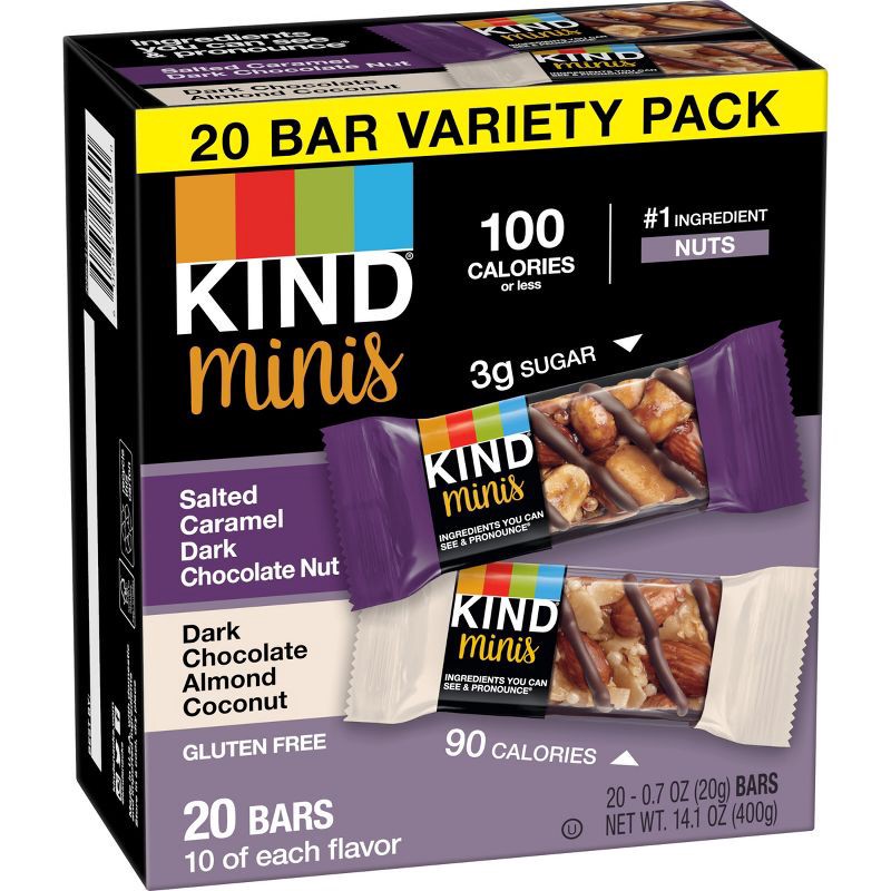 slide 3 of 6, KIND Minis Salted Caramel Dark Chocolate + Dark Chocolate Almond Coconut - 14.1oz/ 20ct, 14.1 oz, 20 ct