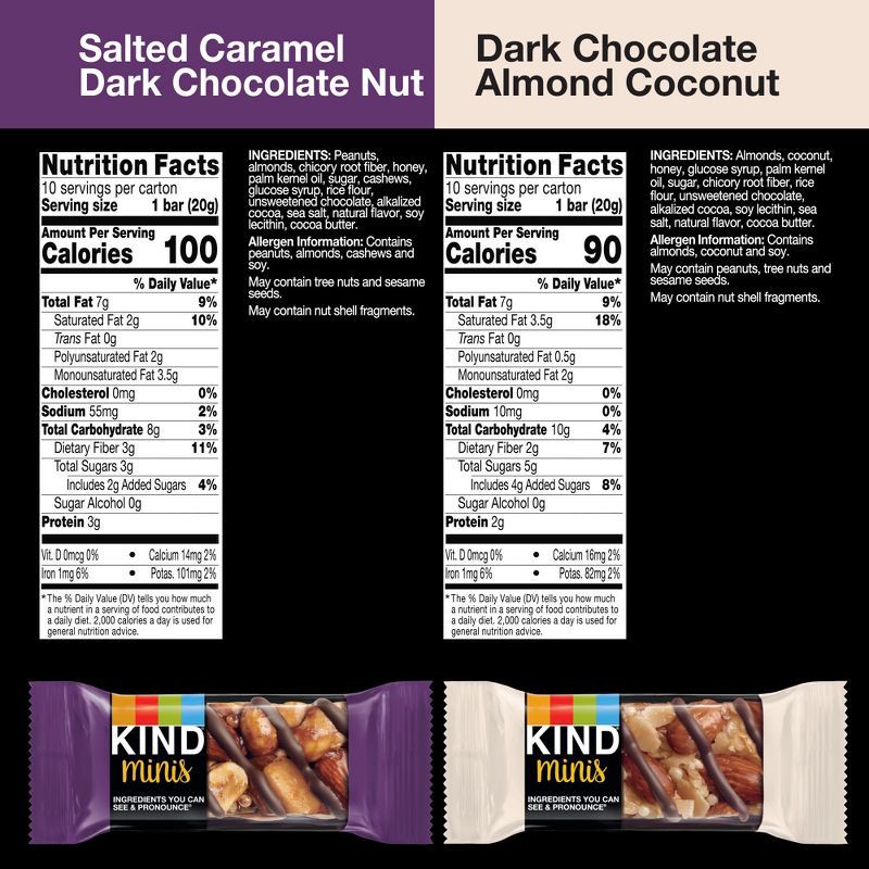 slide 3 of 5, KIND Minis Salted Caramel Dark Chocolate + Dark Chocolate Almond Coconut - 14.1oz/ 20ct, 14.1 oz, 20 ct