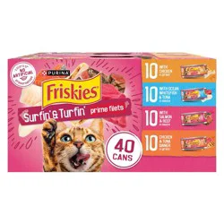 Purina Friskies Prime Filets Surfin' & Turfin' Favorites Chicken, Seafood, Tuna, Salmon, Fish and Beef Flavor Wet Cat Food - 5.5oz/40ct