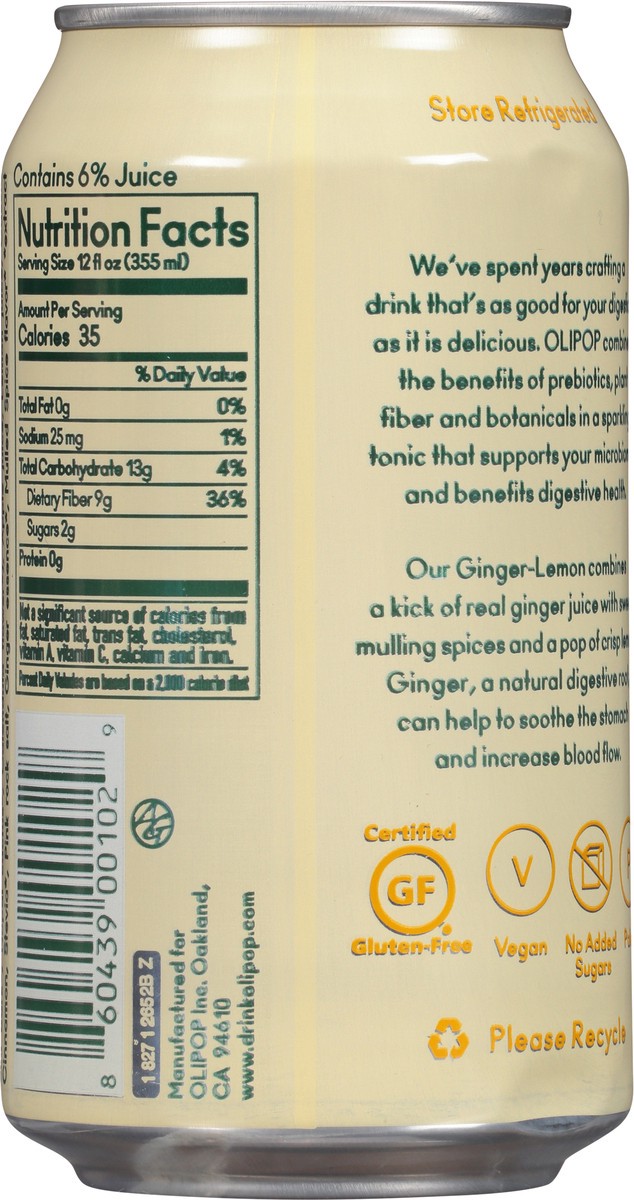 slide 2 of 9, Olipop Ginger Lemon Sparkling Tonic - 12 fl oz, 1 ct