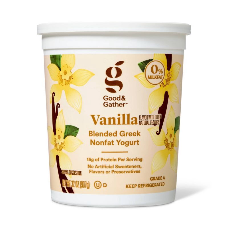 slide 1 of 5, Greek Vanilla Nonfat Yogurt - 15g Protein 32oz - Good & Gather™, 15 gram, 32 oz