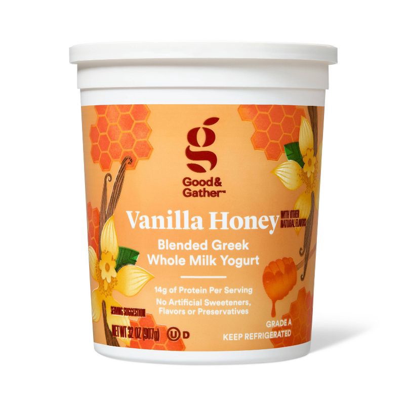 slide 1 of 5, Vanilla Honey Blended Greek Whole Milk Yogurt - 14g Protein 32oz - Good & Gather™, 14 gram, 32 oz