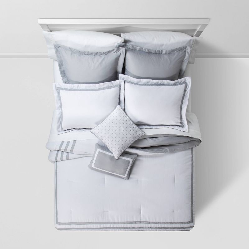 slide 2 of 4, 8pc Queen Applique Border Comforter Set White/Gray - Threshold™: Embroidered, OEKO-TEX Certified, Herringbone, 1 ct
