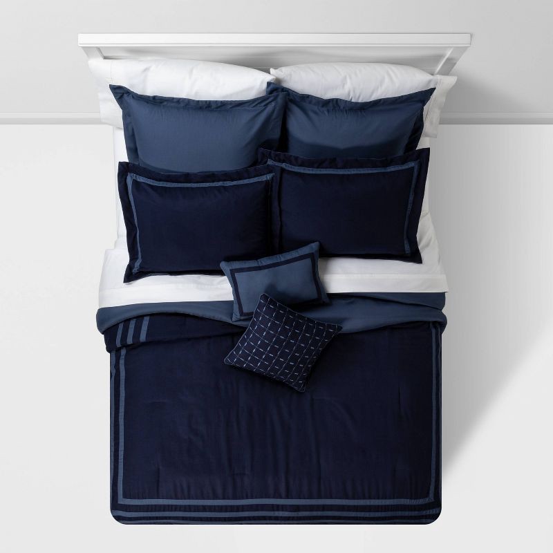 slide 2 of 4, 8pc Queen Applique Border Comforter Set Navy/Blue - Threshold™, 1 ct